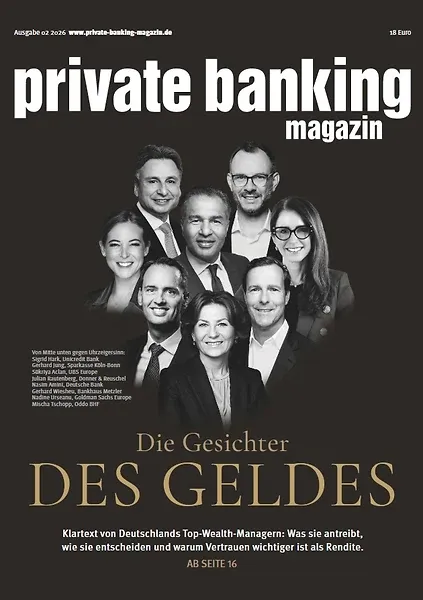 Titelseite des private banking magazins, Ausgabe 02/2026: neun Porträtierte in Schwarzweiß unter der Zeile „Die Gesichter des Geldes“