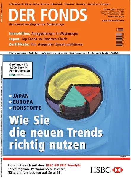 Titelseite von DER FONDS, Februar 2006: ein gemaltes Tortendiagramm unter der Zeile „Wie Sie die neuen Trends richtig nutzen“