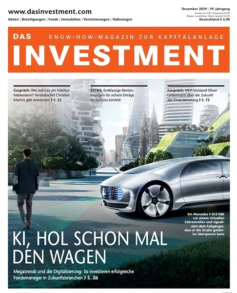 Titelseite von DAS INVESTMENT, Dezember 2019: ein selbstfahrendes Auto in einer begrünten Stadt unter der Zeile „KI, hol schon mal den Wagen“