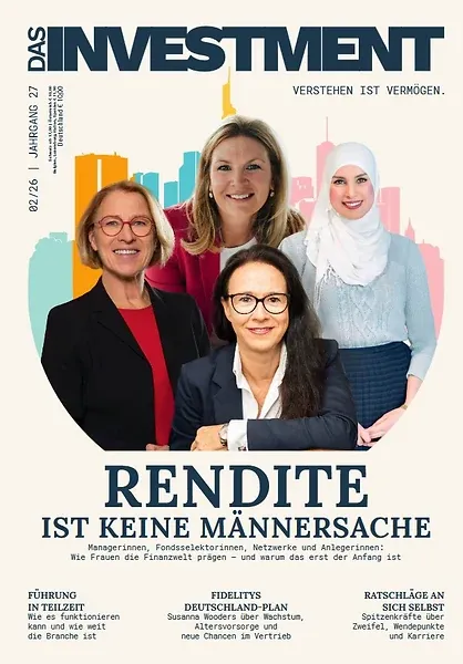 Titelseite von DAS INVESTMENT, Ausgabe 02/26: vier Frauen unter der Zeile „Rendite ist keine Männersache“