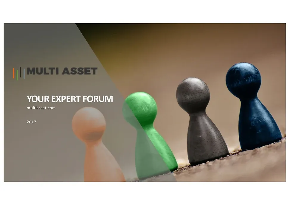 Titelseite einer Broschüre von Multi Asset: „Your Expert Forum, multiasset.com, 2017“, daneben vier Spielfiguren in einer Reihe