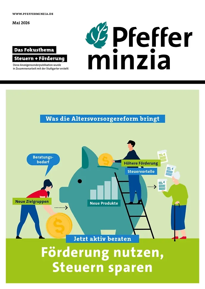 Titelseite des Magazins Pfefferminzia vom Mai 2026, Fokusthema „Steuern + Förderung“; darunter eine Illustration um ein Sparschwein mit der Zeile „Förderung nutzen, Steuern sparen“