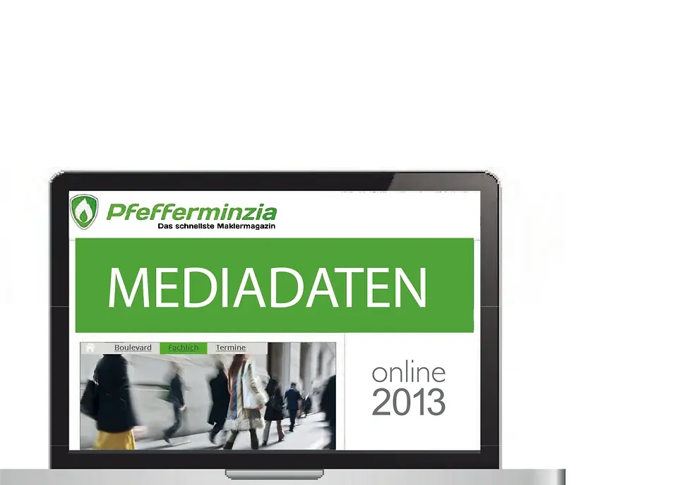Ein aufgeklappter Laptop zeigt die Titelseite der Pfefferminzia-Mediadaten „online 2013“